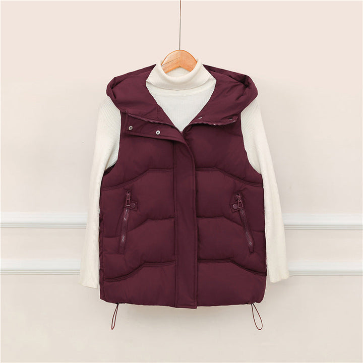 Women's padded hooded vest with drawstring and zippered pockets