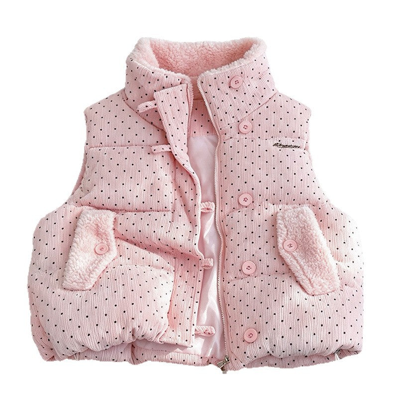 Women's padded quilted vest with teddy lining, stand-up collar, and drawstring hem