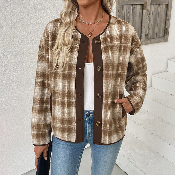 Women's checked transitional jacket with a round neckline and pockets