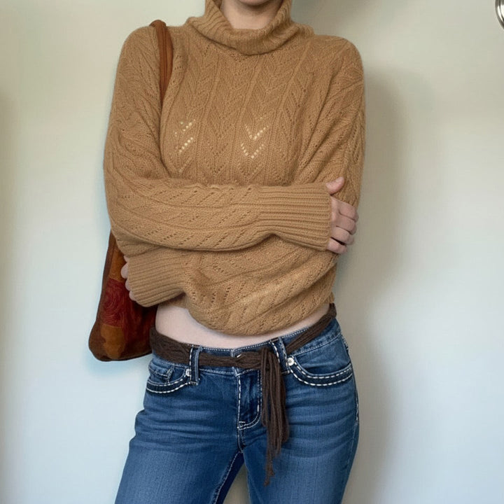 Women's Cropped Long-Sleeve Turtleneck Sweater with Buttons