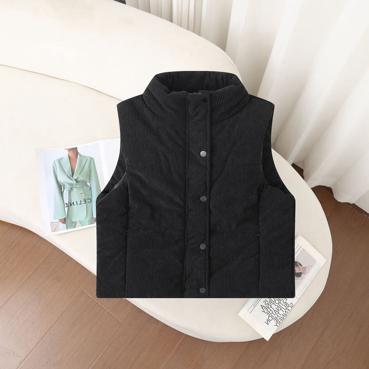 Women's short insulated vest with a high stand-up collar and snap-button placket