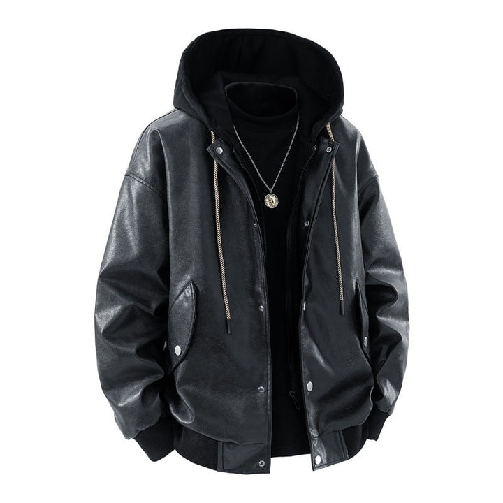 Men’s oversized bomber jacket with hood, snap-button placket, and pockets
