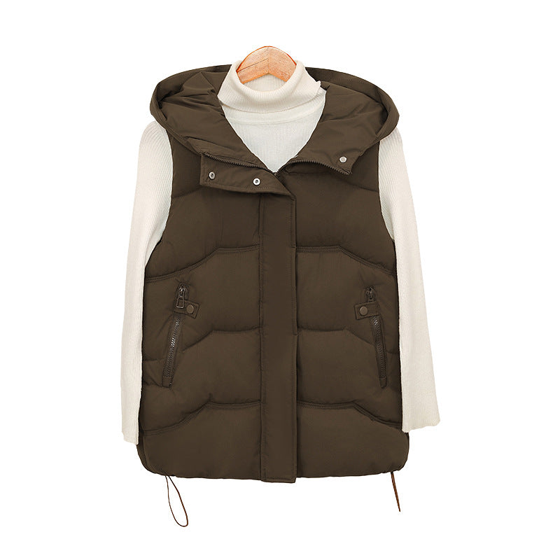 Women's padded hooded vest with drawstring and zippered pockets