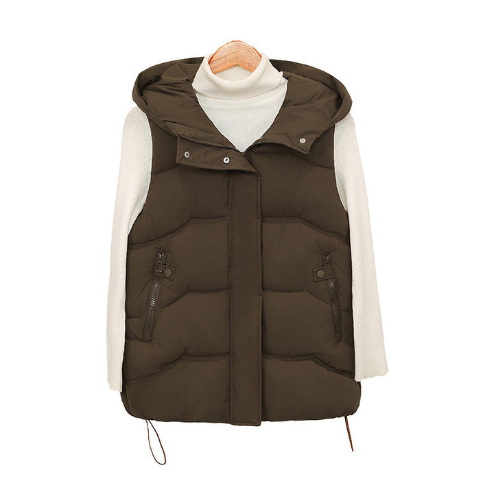 Women's padded hooded vest with drawstring and zippered pockets