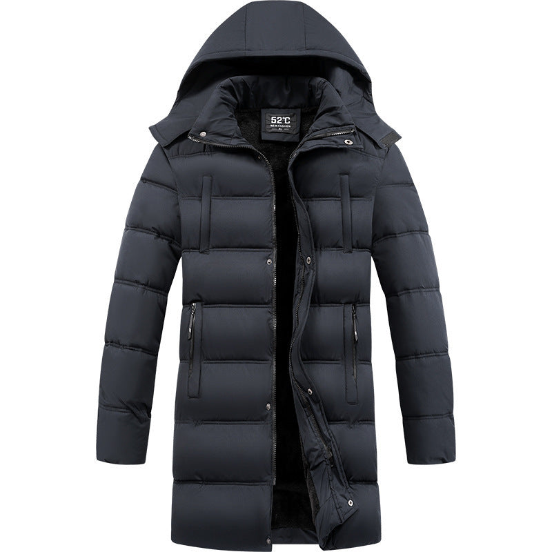 Men's longline puffer jacket with hood and pockets