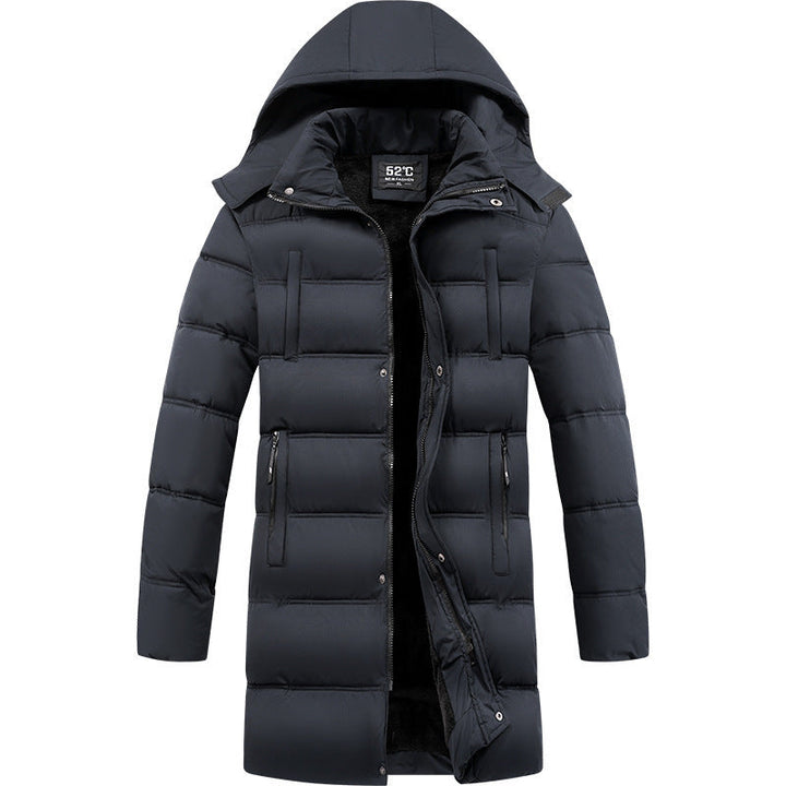 Men's longline puffer jacket with hood and pockets