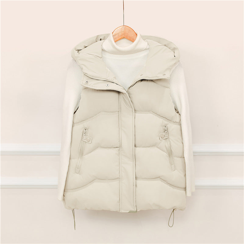 Women's padded hooded vest with drawstring and zippered pockets