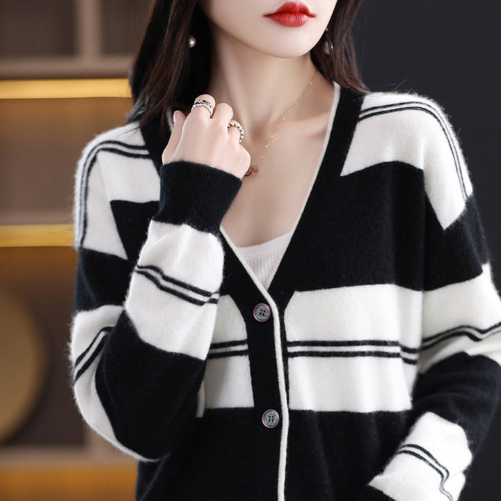 Women's midi cardigan with block stripes, V-neck, and long sleeves