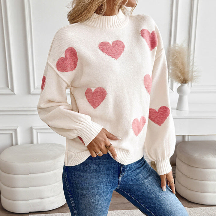 Women's sweater with heart intarsia and stand-up collar