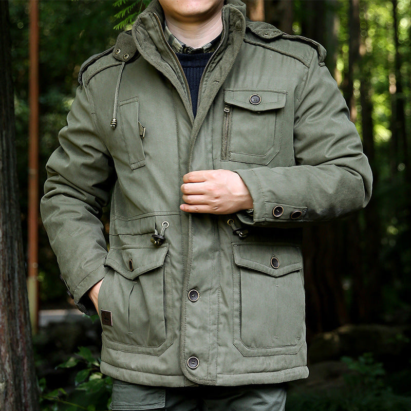 Men's parka with hood, drawstring, buttons, and pockets