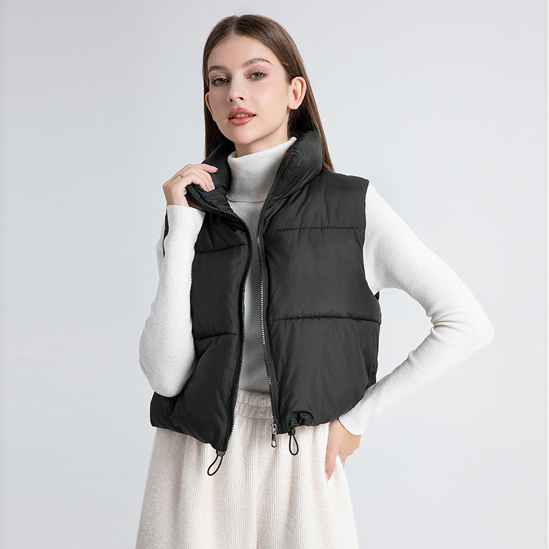 Women’s ultralight short quilted vest with a high stand collar and drawstring