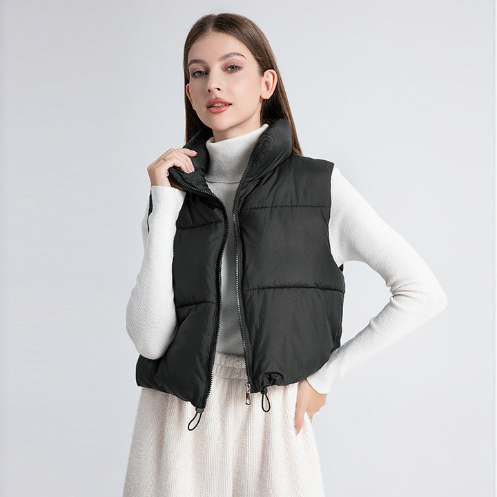 Women’s ultralight short quilted vest with a high stand collar and drawstring