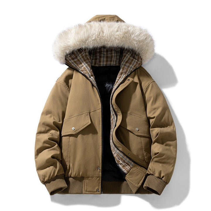 Men’s padded winter jacket with a hood and detachable faux-fur collar