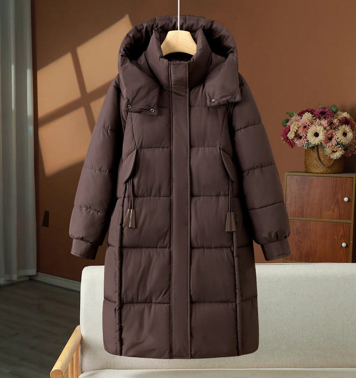 Women’s long padded hooded coat with a high stand-up collar and concealed zipper