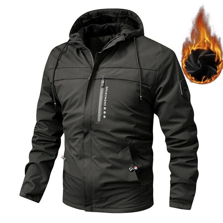 Men’s lined softshell jacket with hood and chest pocket