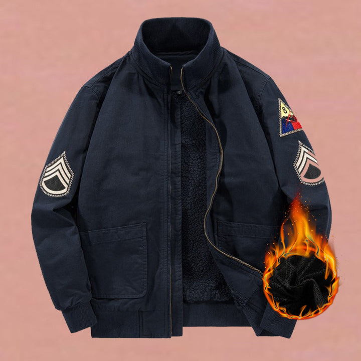 Men’s military-style bomber jacket with patches and a concealed zipper