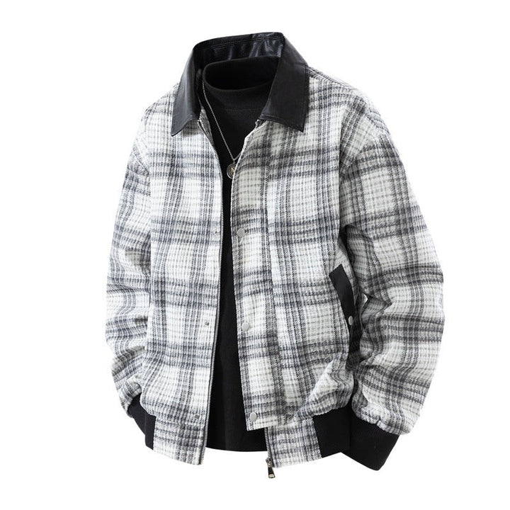 Men’s plaid overshirt jacket with a faux leather collar and lined interior