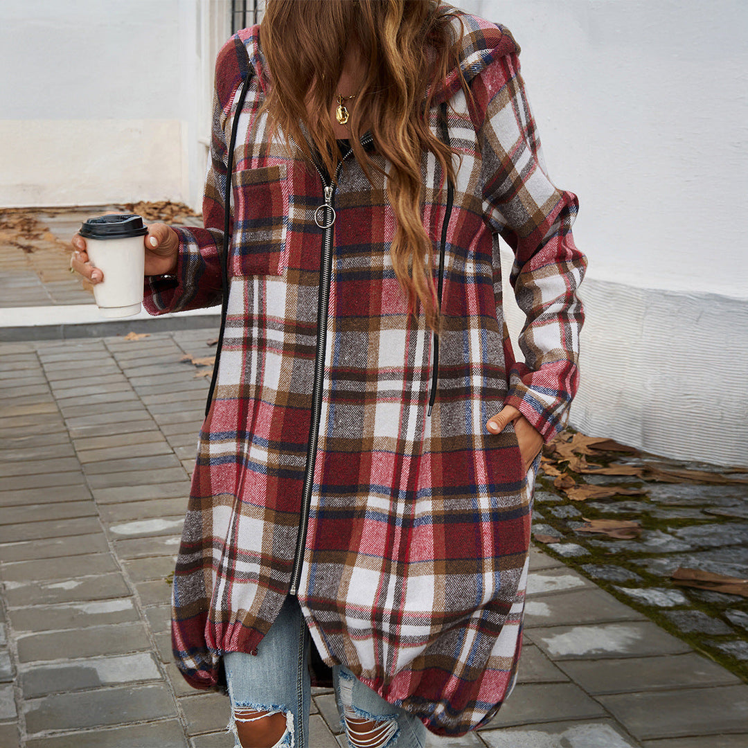 Women's Long Hooded Coat with Plaid Pattern and Balloon Hem