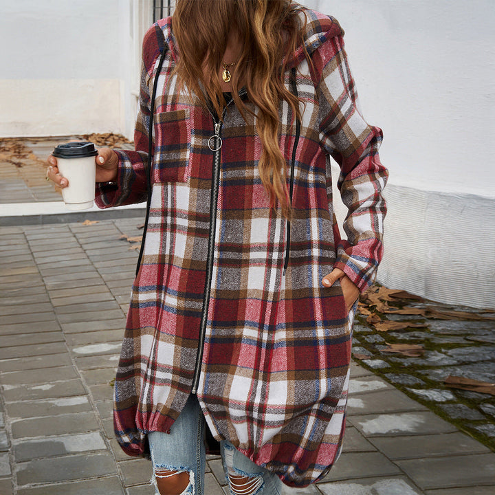Women's Long Hooded Coat with Plaid Pattern and Balloon Hem