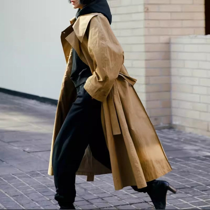 Women’s oversized trench coat with waterfall collar and tie belt