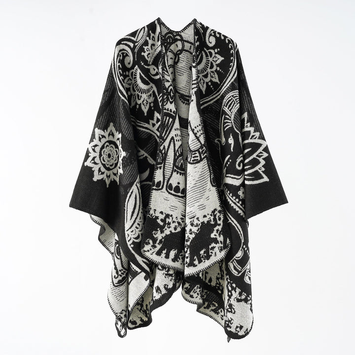 Damen Poncho mit Blumenmuster und Fransen