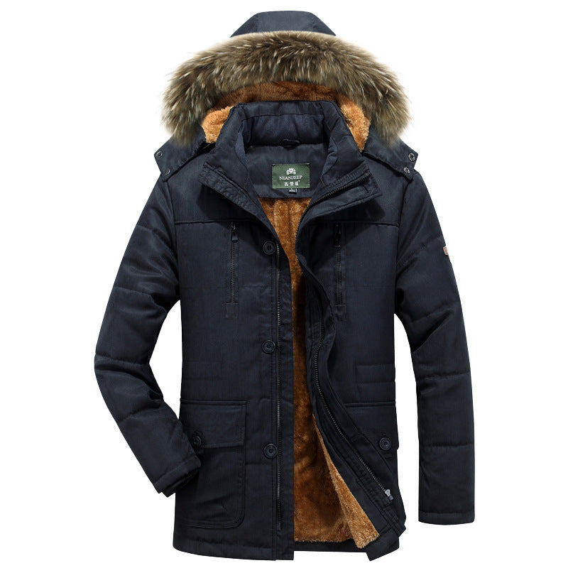 Men's winter parka with hood, buttons, and pockets