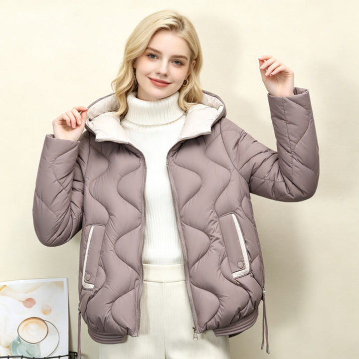 Women's padded short jacket with heart-shaped quilting, a rounded hem, and a hood