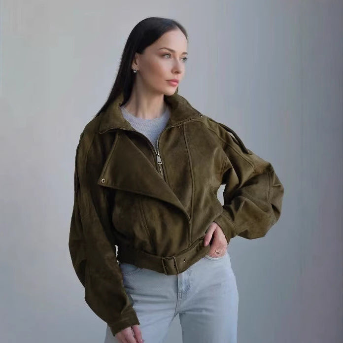 Women's cropped jacket with an asymmetrical zipper and a fitted cut