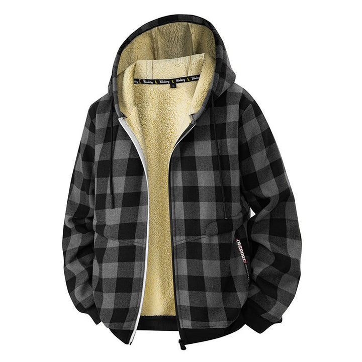Men’s plaid hooded jacket with Sherpa lining and zipper closure