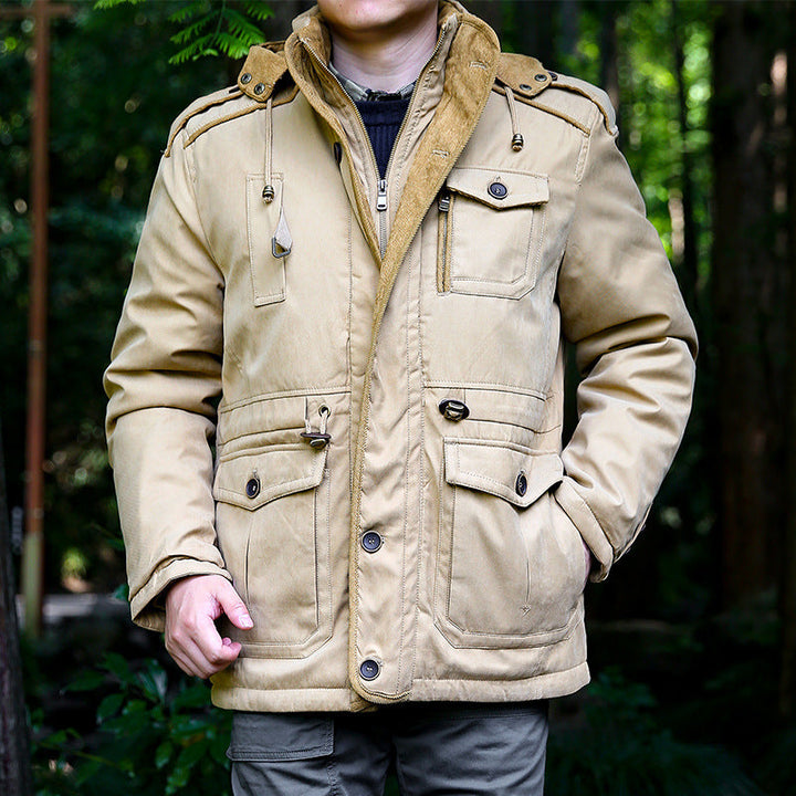 Men's parka with hood, drawstring, buttons, and pockets