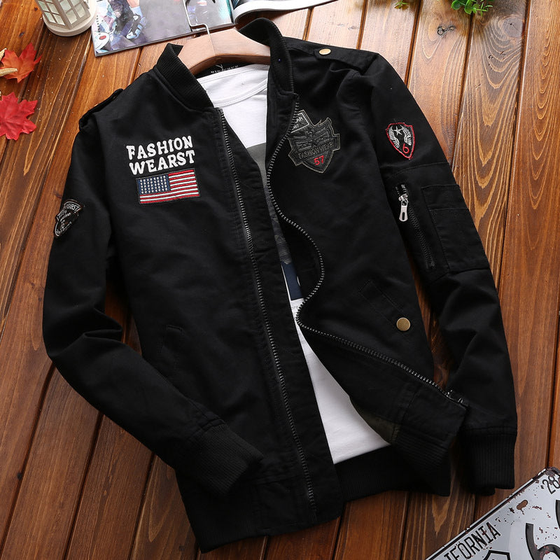 Men's patchwork bomber jacket with sleeve pocket and ribbed cuffs