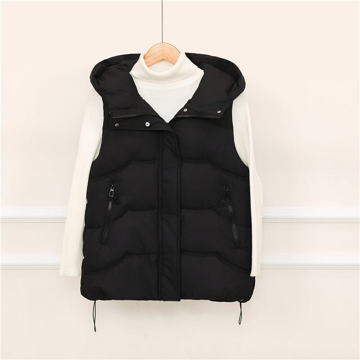 Women's padded hooded vest with drawstring and zippered pockets