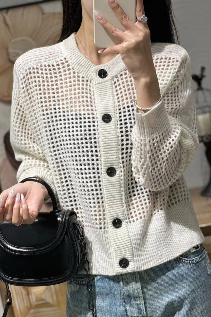 Women's mesh cardigan with a round neckline, button placket, and long sleeves