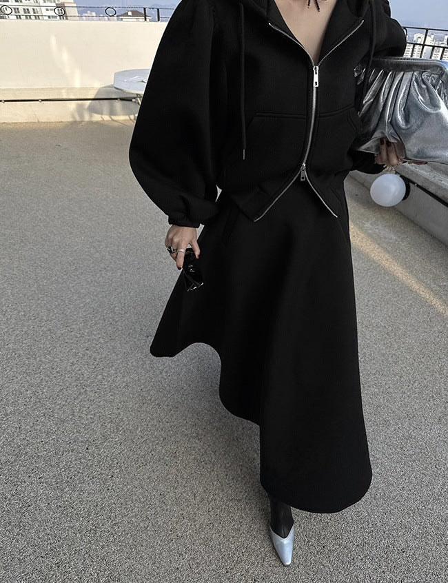 Women's sweatshirt set with balloon sleeves and a flared midi skirt