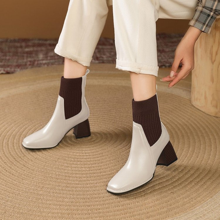 Women's chunky ankle boots with a knitted insert and sturdy heel