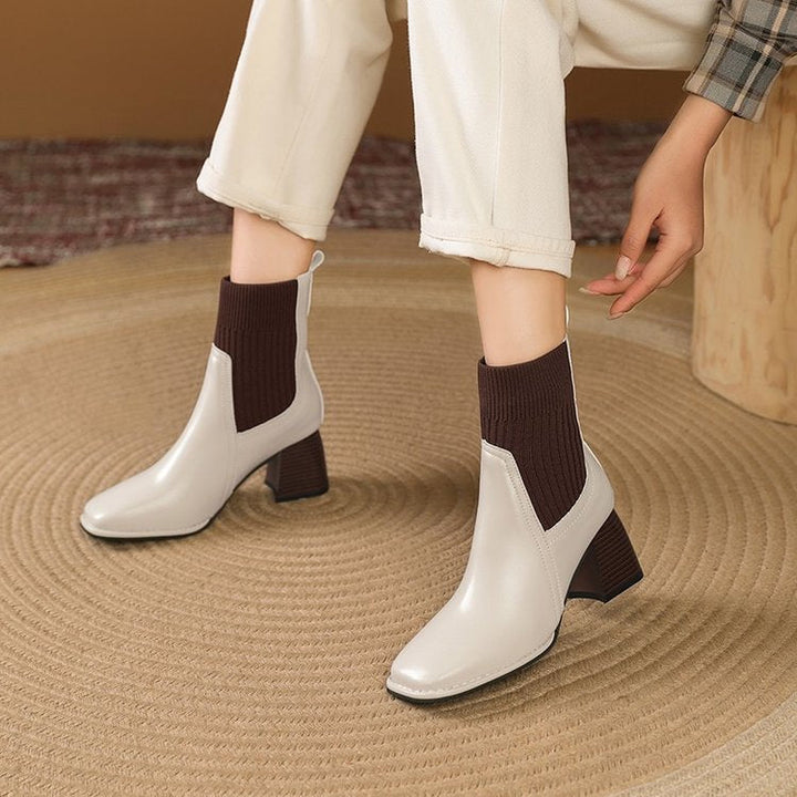 Women's chunky ankle boots with a knitted insert and sturdy heel