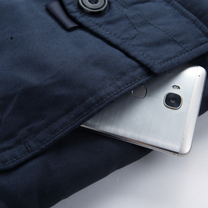 Men's winter parka with hood, buttons, and pockets