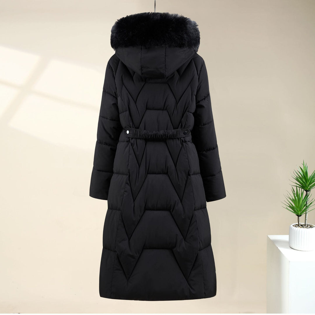 Women's long quilted parka with a faux-fur hood and drawstring