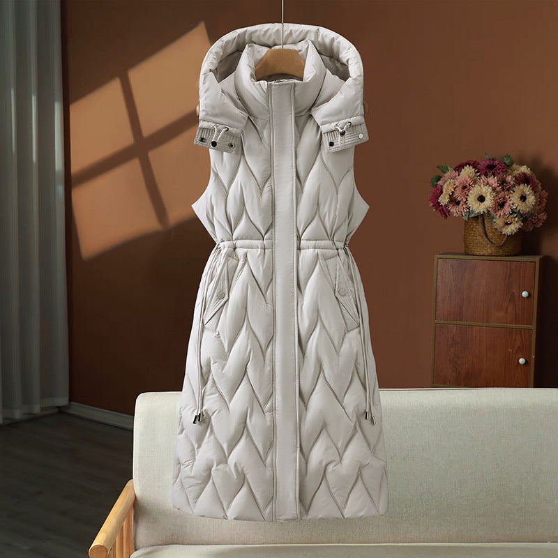 Women's long sleeveless quilted vest with hood and adjustable drawstring waist