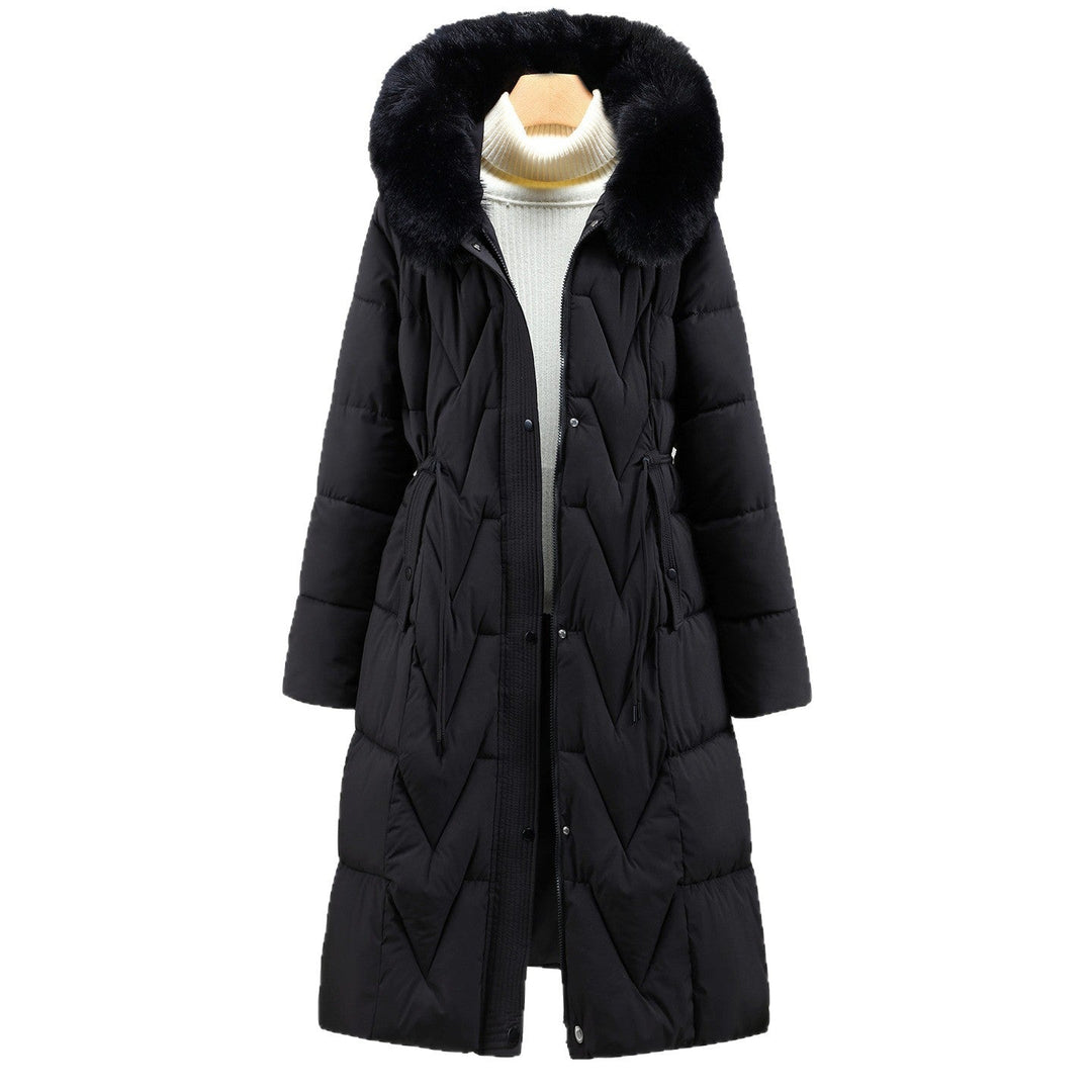 Women's long quilted parka with a faux-fur hood and drawstring