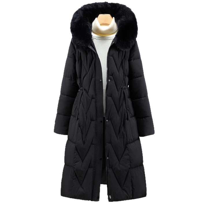 Women's long quilted parka with a faux-fur hood and drawstring