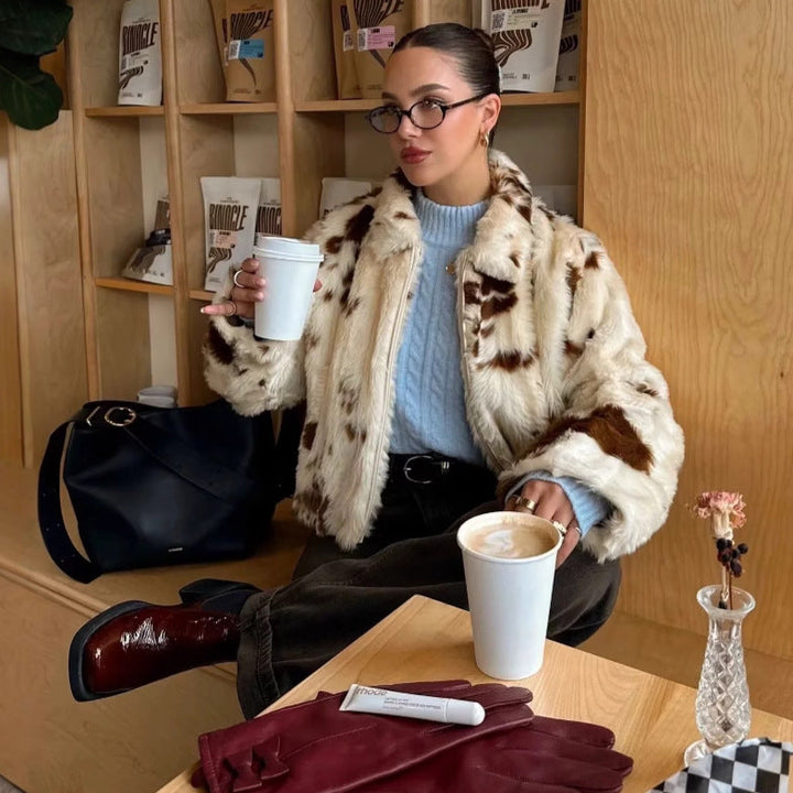 Women's printed cropped blouson jacket with stand-up collar and pockets
