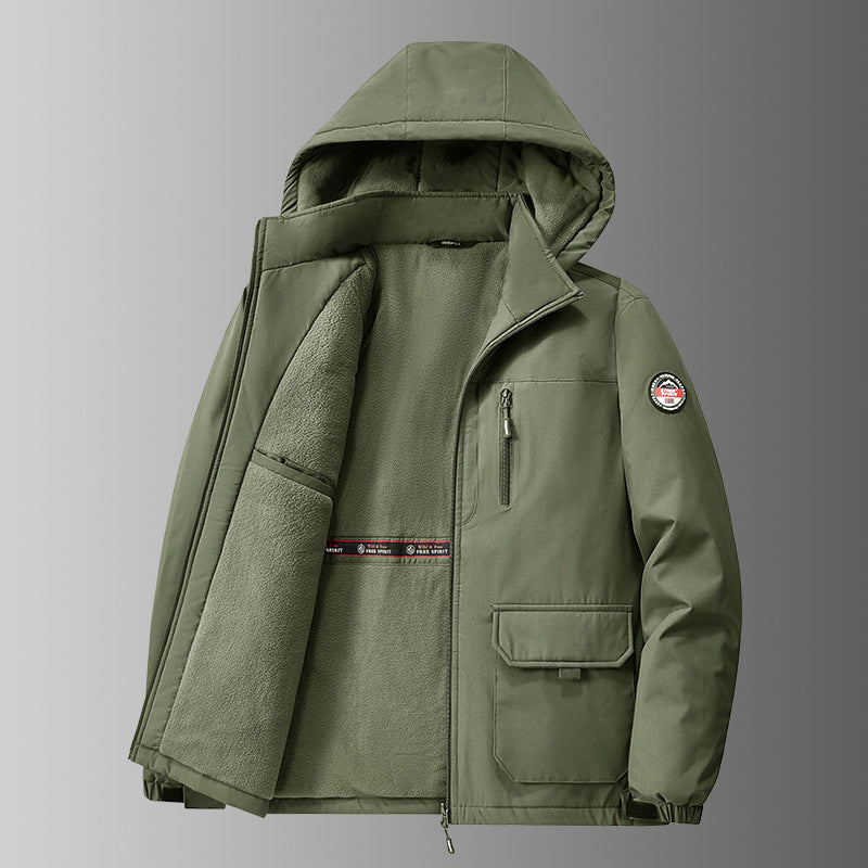 Men’s lined softshell winter jacket with hood and multifunctional pockets