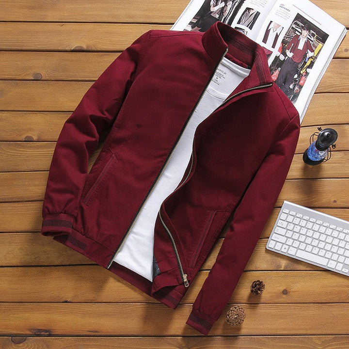 Men’s lightweight bomber-style jacket with a stand-up collar and striped ribbed cuffs