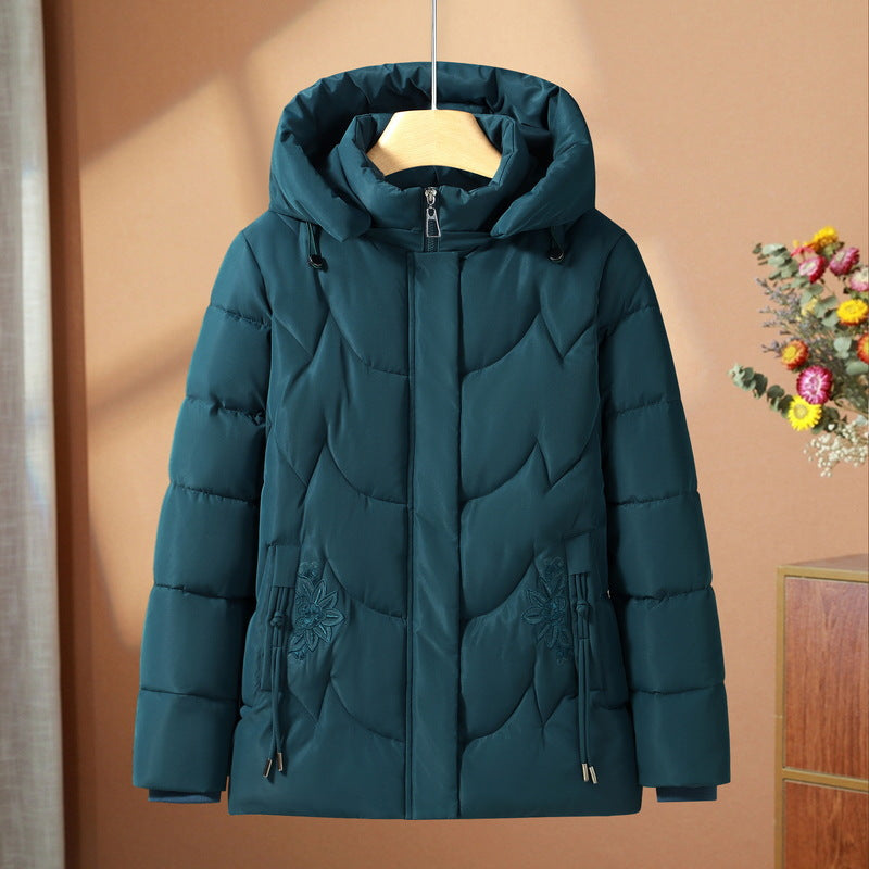 Women’s quilted thermal outdoor jacket with a hood and floral pocket embroidery