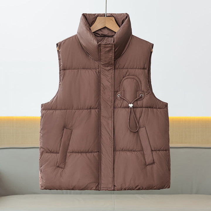 Women’s lightweight quilted padded vest with a high stand-up collar and cord trim