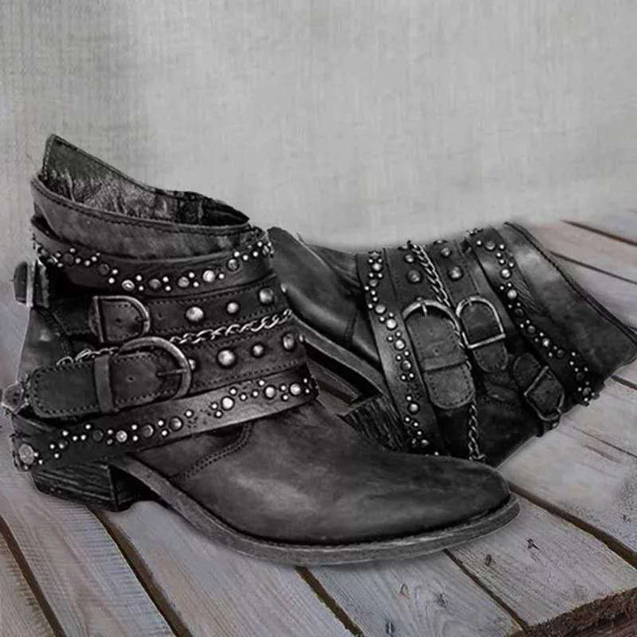 Women's western ankle boots with buckle straps and chains
