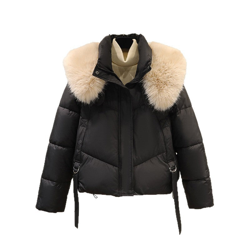 Women’s short quilted puffer jacket with a voluminous faux-fur collar and waist belt