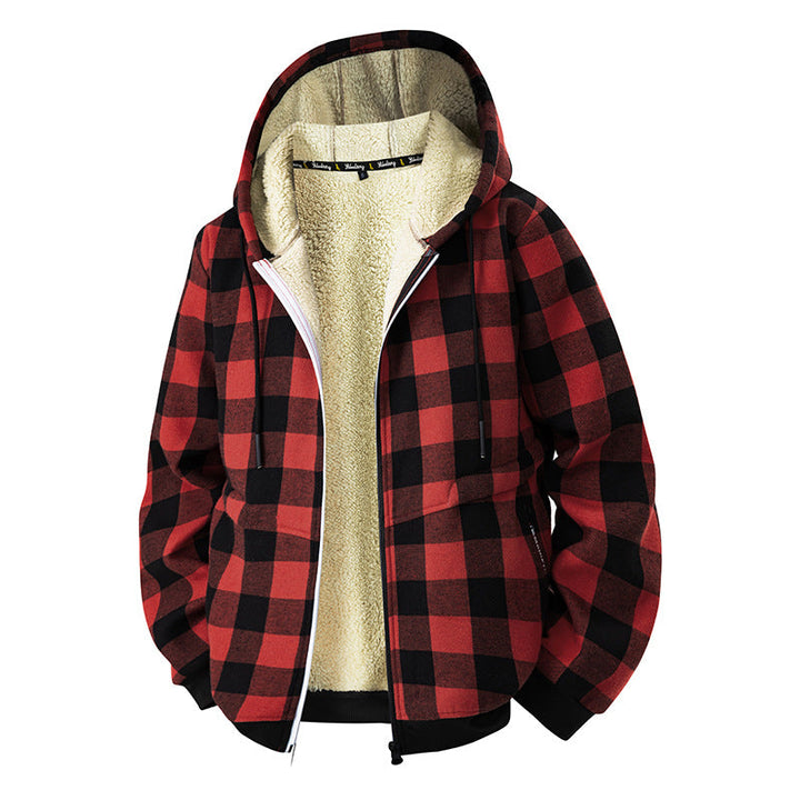 Men’s plaid hooded jacket with Sherpa lining and zipper closure