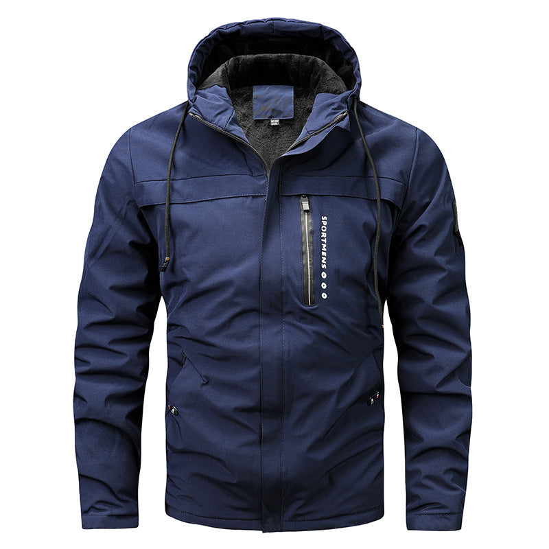 Men’s windproof softshell jacket with adjustable hood and fleece lining